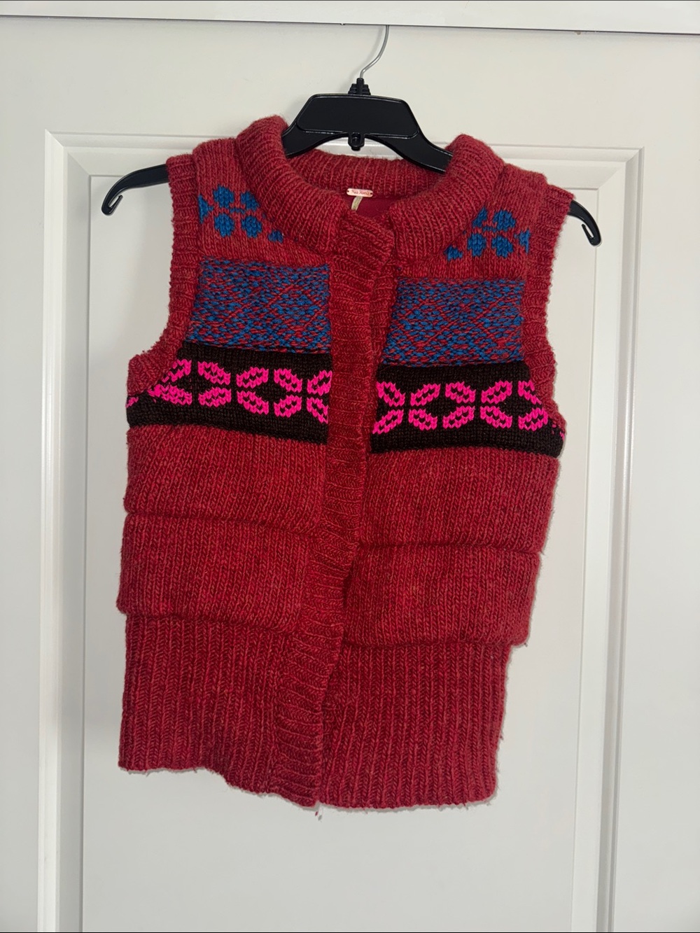 Free People Red Knit Patterned Vest with Blue and Pink Accents